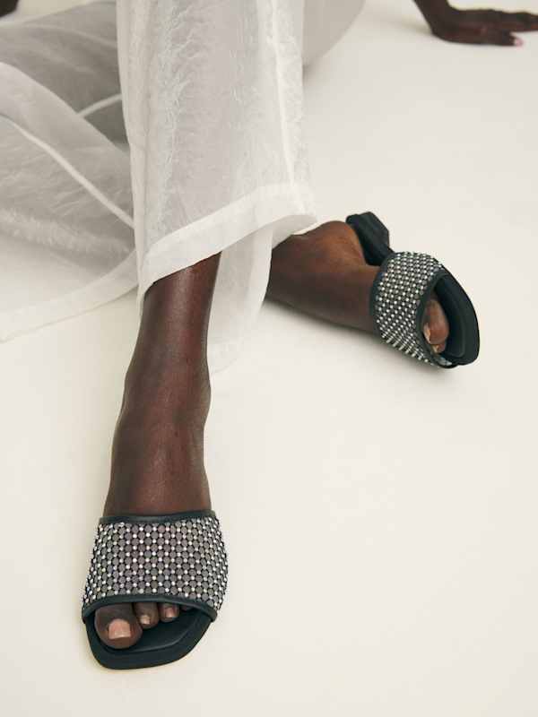 Eliza Flat Sandal - Black Rhinestone Mesh